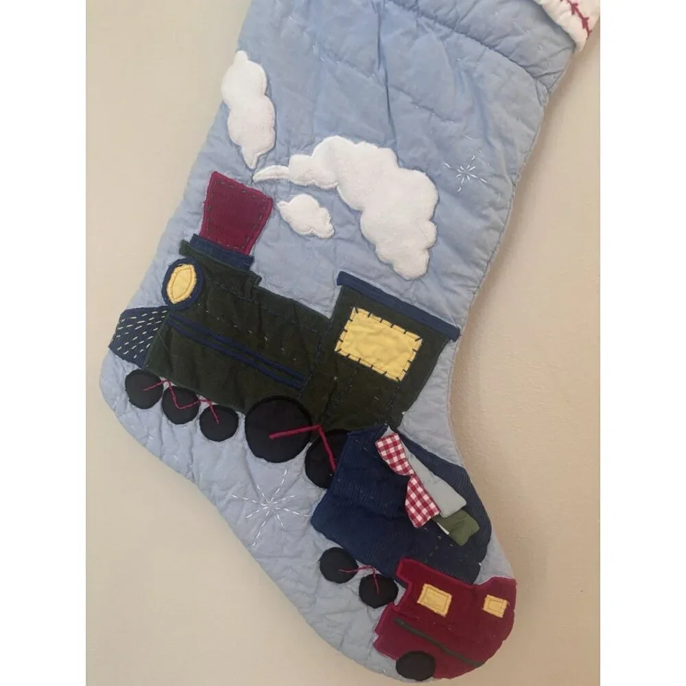 Pottery Barn Kids Quilted Christmas Stocking Blue Train Personalized “Andrew”